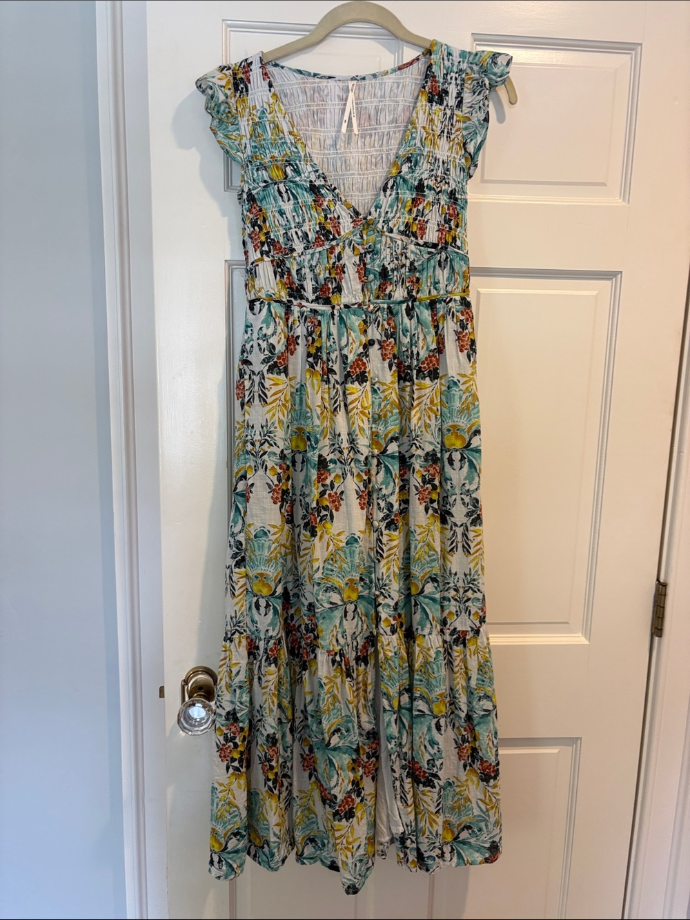 Anthropologie Floral Tiered Maxi Dress in Teal, Yellow and Cream